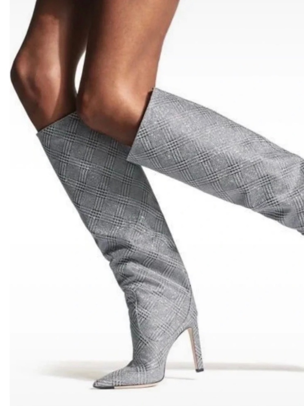 JIMMY CHOO MAVIS SILVER/ GRAY GLITTER TALL BOOTS  Size 37.5